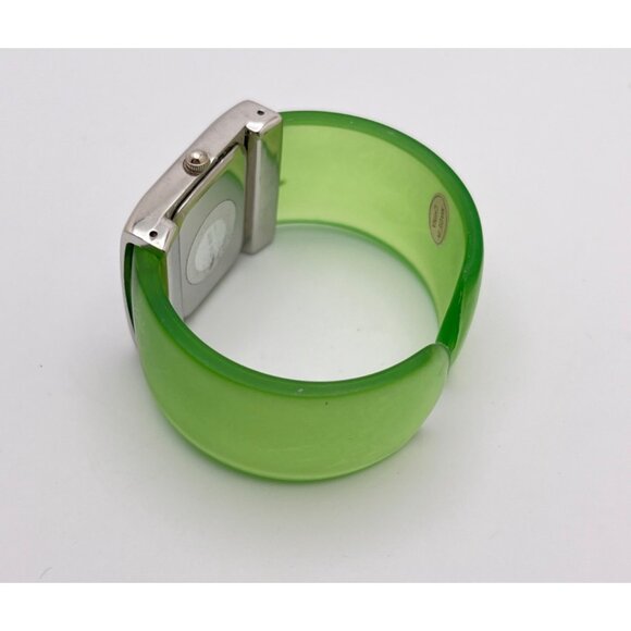 Green Opaque Womens Wide Cuff Watch Silver Tone Square Face Cannes Retro 80s - Picture 2 of 7